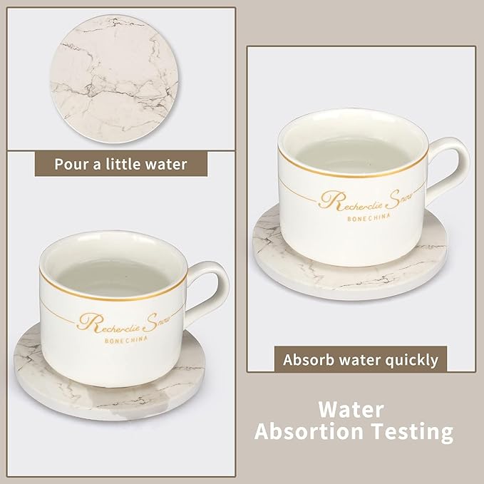 6 Pack White Marble Coaster Set with Holder Absorbent Drink Coasters Ceramic Cute Coaster Bar Dining Coffee Table Accessories Decor Gift Funny Cup Stone Modern Costers Cool Desk Beer Cork Coasters