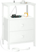 Night Stand with Charging Station, Small Bedside Table with 2 Fabric Drawers, Nightstand with USB Ports & Outlets for Bedroom, Living Room, White, HETS020WT-1