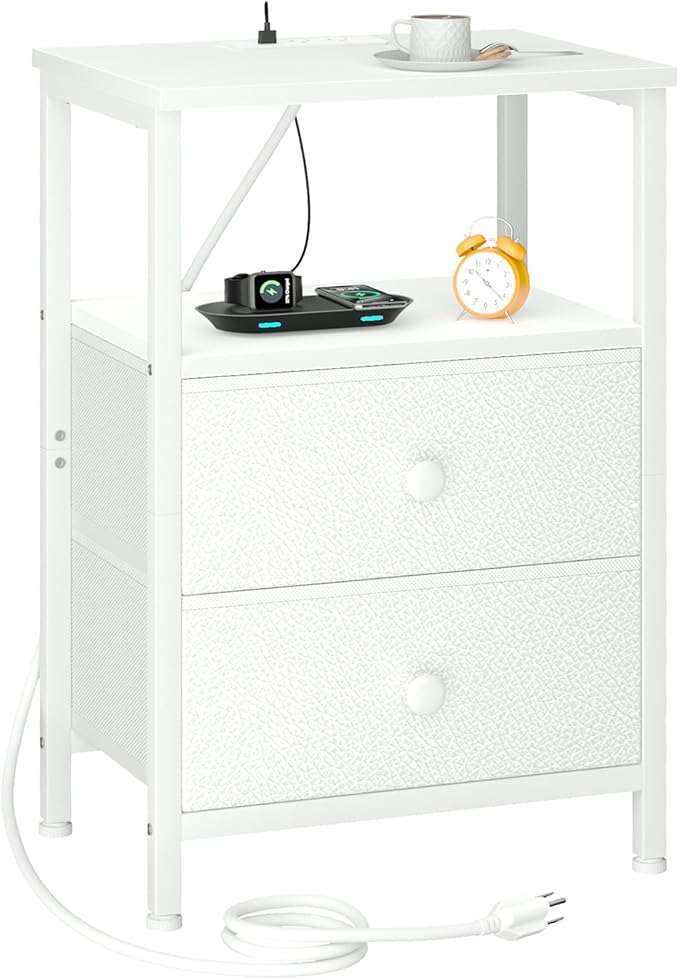 Night Stand with Charging Station, Small Bedside Table with 2 Fabric Drawers, Nightstand with USB Ports & Outlets for Bedroom, Living Room, White, HETS020WT-1