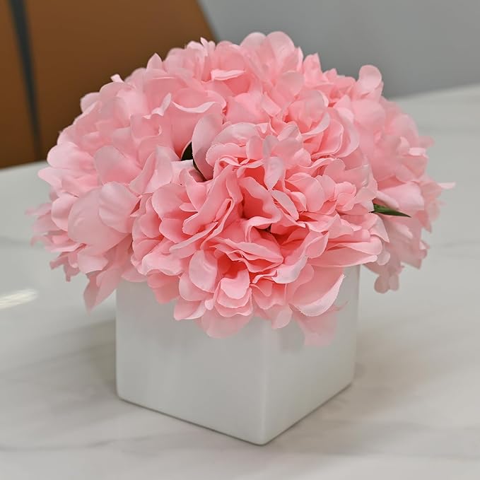 LADADA Faux Flowers with vase ，Fake Peony Bouquet in Square White Ceramic Vase, Flowers for Table Decoration Farmhouse Floral Arrangement (Pink)