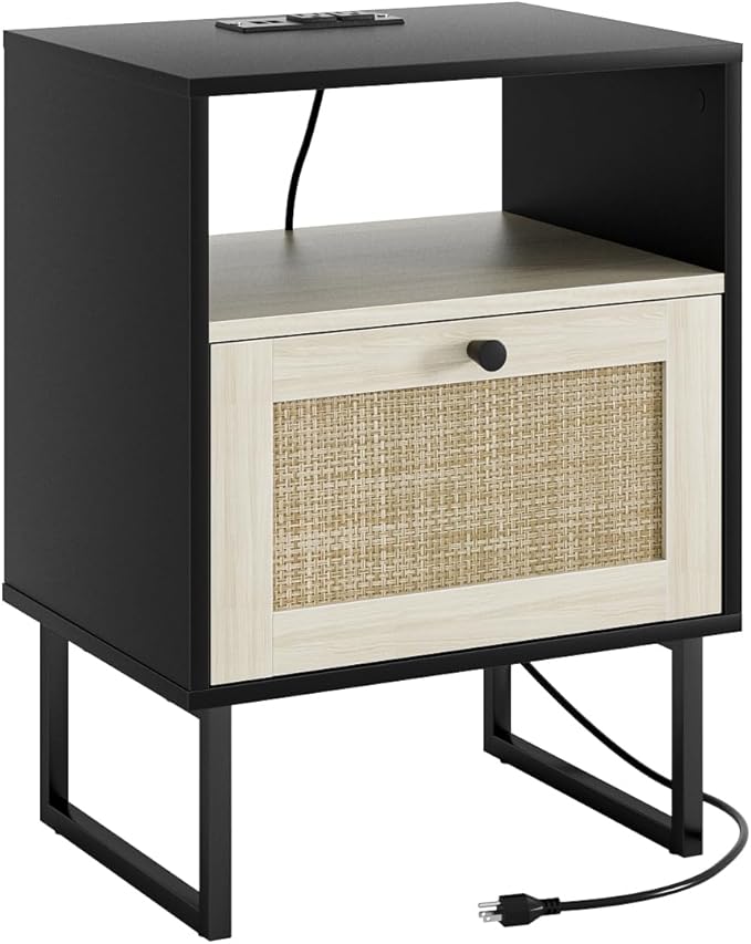 Rattan Nightstand with Charging Station, Boho Night Stand Farmhouse Wood Bedside Table with Storage and Open Shelf, End Side Accent Table for Bedroom,Living Room,Black and Oak