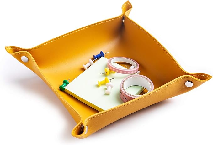 SANQIANWAN Leather Jewelry Valet Tray for Women and Man, Portable Entryway Table Tray Bedside Nightstand Desk Tray Small Catchall Travel Dish Plate for Key,Wallet,Watch,Coin (8x8, Yellow-B)