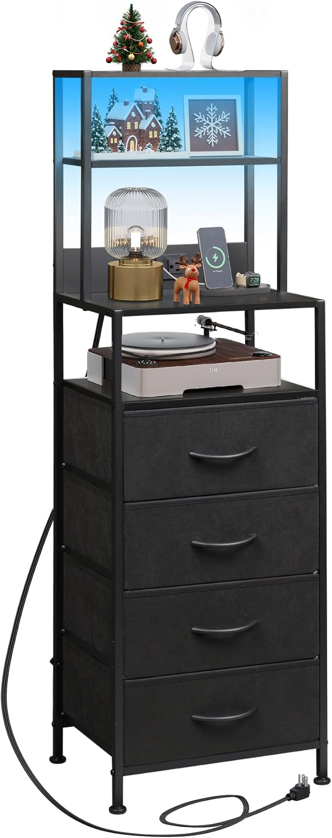 WLIVE Tall Nightstand with Charging Station, LED Night Stand with 4 Drawers and Storage Open Shelves, Fabric Dresser for Bedroom, Living Room, Office, Black