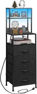 WLIVE Tall Nightstand with Charging Station, LED Night Stand with 4 Drawers and Storage Open Shelves, Fabric Dresser for Bedroom, Living Room, Office, Black