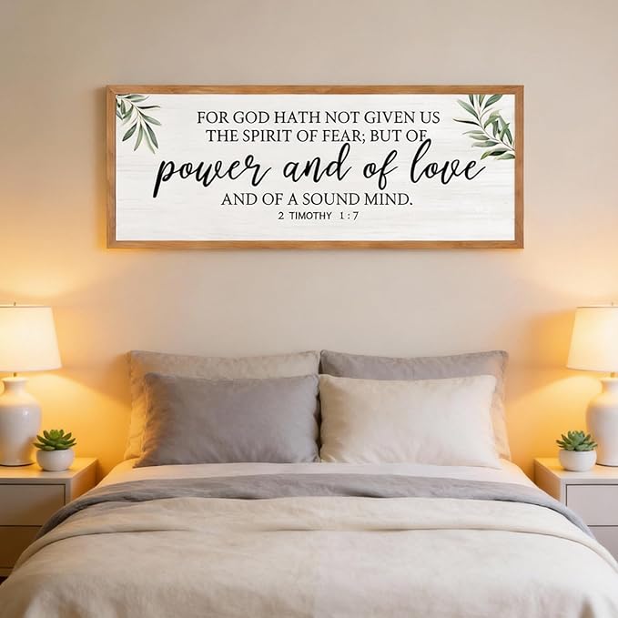 For God Hath Not Given Us the Spirit of Fear Wall Art – 40x15 Inch Framed Bible Verse Decor, 2 Timothy 1:7 Christian Wall Decor, Large Scripture Wall Art for Living Room Bedroom, Natural