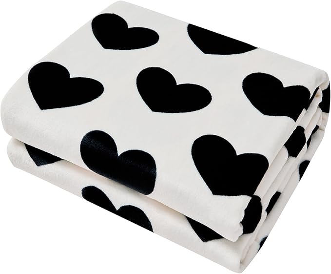FY FIBER HOUSE Heart Flannel King Blanket Soft Cozy Blankets for Lover Gifts All Season Use, 90x108 Inches, Black White
