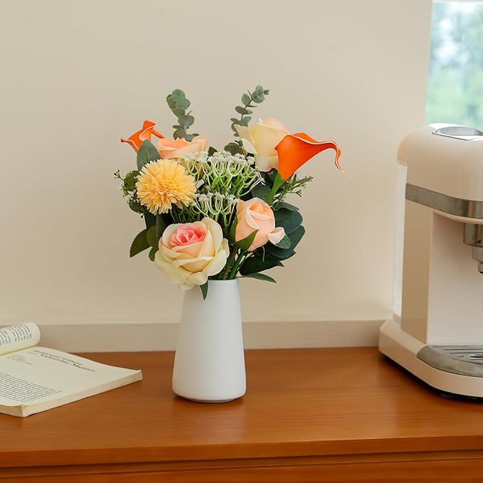 Fake Flowers with a Ceramic Vase, Fake Flower Bouquet in vase, Floral Decor Flower Arrangements for Home Office Farmhouse Bathroom Dining Table Centerpiece Decorations Coffee Table(Champagne)