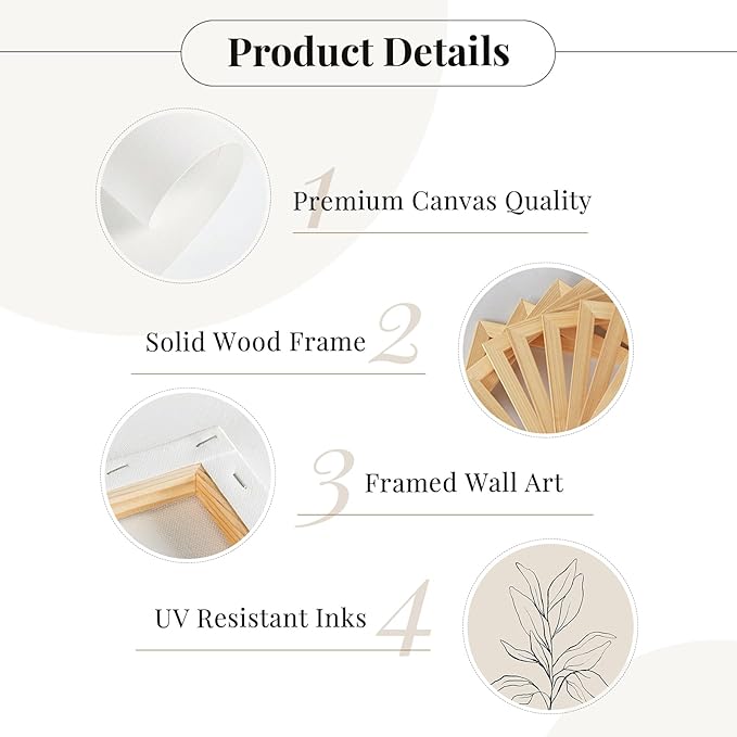 Botanical Wall Art Decor Neutral Wall Decor Boho Beige Canvas Wall Art Botanical Minimalist Pictures Neutral Prints Beige Posters Boho Artwork for Room Bedroom 16x24x3 Inch Framed