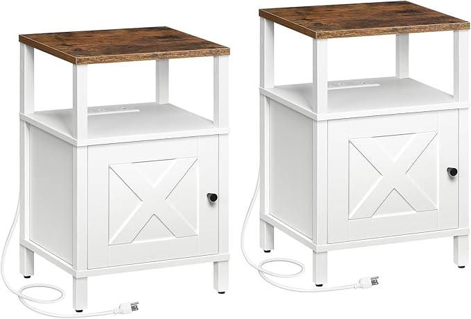 Set of 2 Farmhouse Nightstand with Charging Station, White Bedside Table with USB&Type-C Ports and Outlets, End Table with Storage, Night Stand for Bedroom, White and Rustic Brown