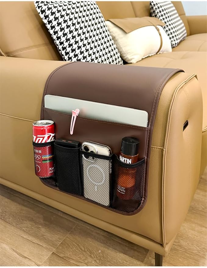 Sofa Armrest Organiser Non Slip Leather Couch Armrest Caddy Bedside Hanging Pouch Sofa Arm Tray Organizer with 5 Pockets for TV Remote Holder Magazines iPad Phone (Brown, one size)