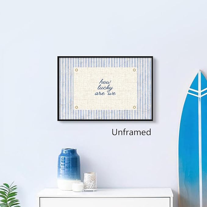 Jiaoweibao How Lucky Are We Canvas Wall Art, Navy Blue Stripes Positive Quote Poster, Daily Affirmations Wall Decor for Bedroom Dorm, Modern Inspiring Typography Print for Office 8x12in Unframed