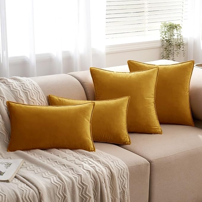 MIULEE Mustard Yellow Velvet Throw Pillow Covers 20x20 Soft Decorative Solid Square Cushion Cases Pack of 2 Modern Luxury Home Decor for Couch, Sofa, Bedroom