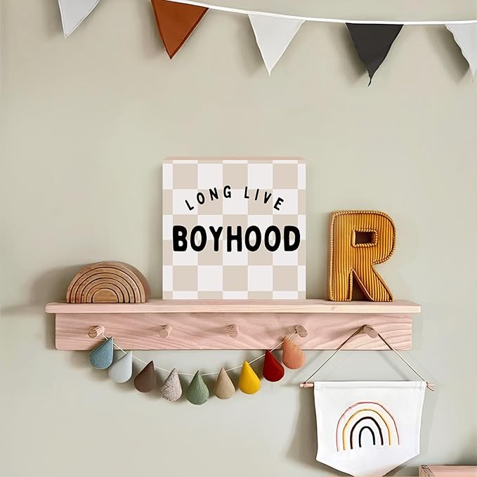 Lacama Boys Room Decor Wooden Box Sign, Long Live Boyhood Decorations Wood Block Signs, Retro Neutral Checkered Wood Sign for Toddler Boys Nursery Room Bedroom Desk Shelf Wall Decor 5x5 In
