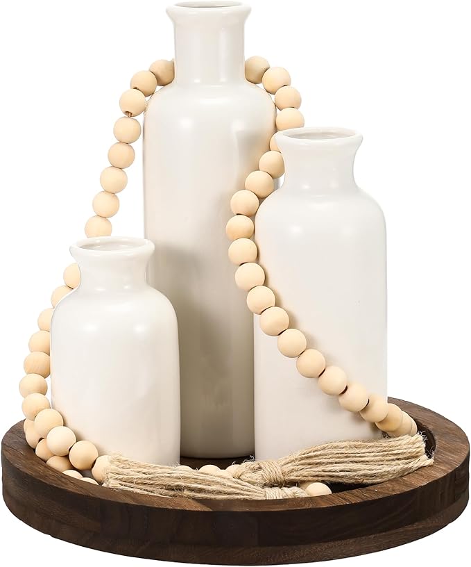 5 Pcs Rustic Country Tabletop Centerpieces Decor Set of 3 Boho Ceramic Vases with Wooden Serving Tray Wood Bead Garland Tassels Table Holder for Home Decorations(Dark Brown)