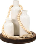 5 Pcs Rustic Country Tabletop Centerpieces Decor Set of 3 Boho Ceramic Vases with Wooden Serving Tray Wood Bead Garland Tassels Table Holder for Home Decorations(Dark Brown)
