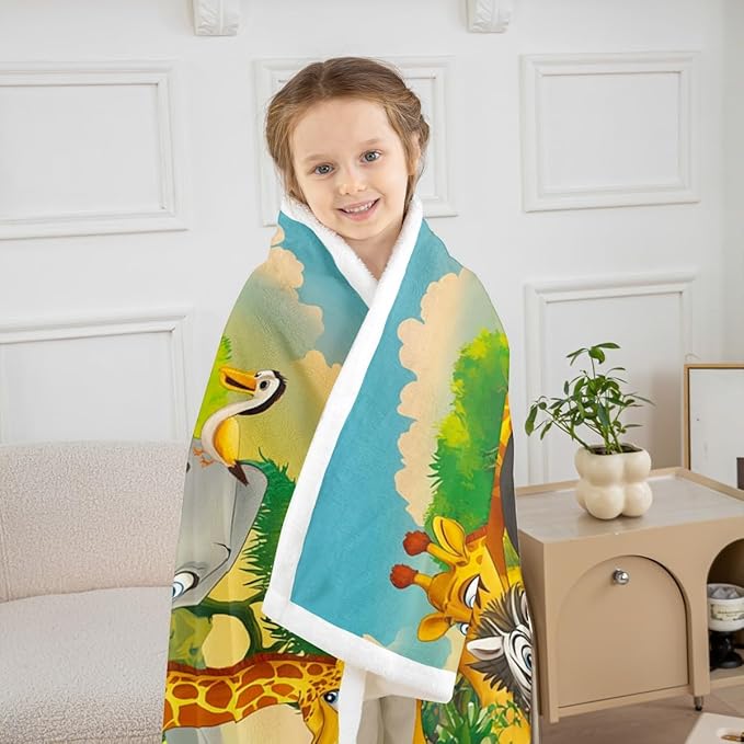 Giraffe Fleece Blanket Lemur Rhino Lion Sherpa Blanket Cartoon Safari Animals Blanket Throw for Kids Boys Girls Elephant Hippo Camel Snake Jungle Zoo Fuzzy Blanket Twin 60"x80" Child Room Sofa Decor