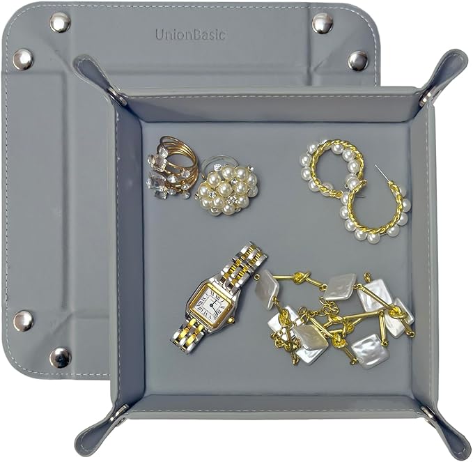 UnionBasic Small Valet Tray, Jewelry Tray for Rings Watches Earrings, Entryway Catchall Caddy for Coins Keys Change, Nightstand Bedside Valet Holder, Trays for Electronic Gadgets, Grey