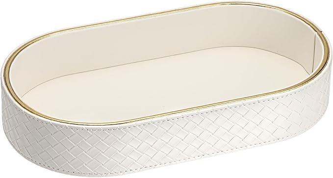 Hipiwe PU Leather Valet Tray with Gold Line Perfume Vanity Tray Catchall Tray for Jewelry Trinket Oval Bedside Nightstand Organizer for Home Decor, White