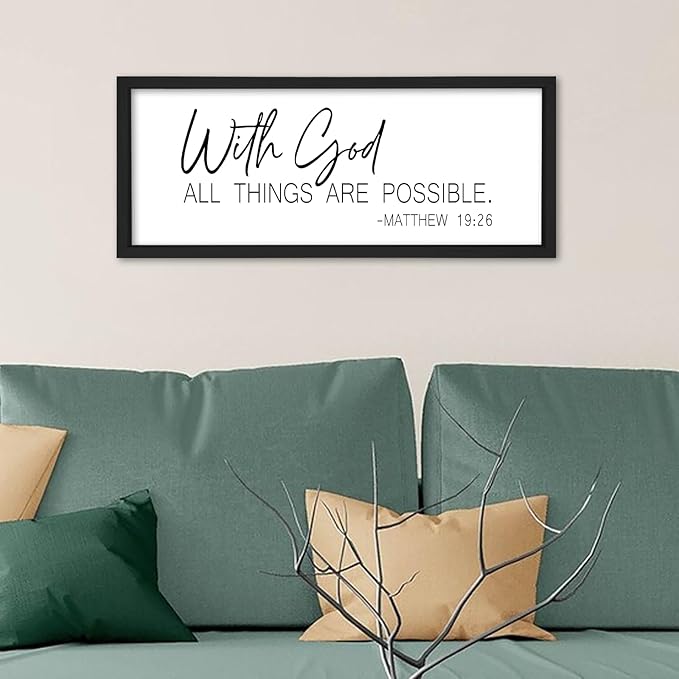 flowtorely With God All Things Are Possible Wall Decor Scripture 24"×10" Matthew 19:26 Bible Verse sign Christian Large Wood Framed Wall Hanging (Black)