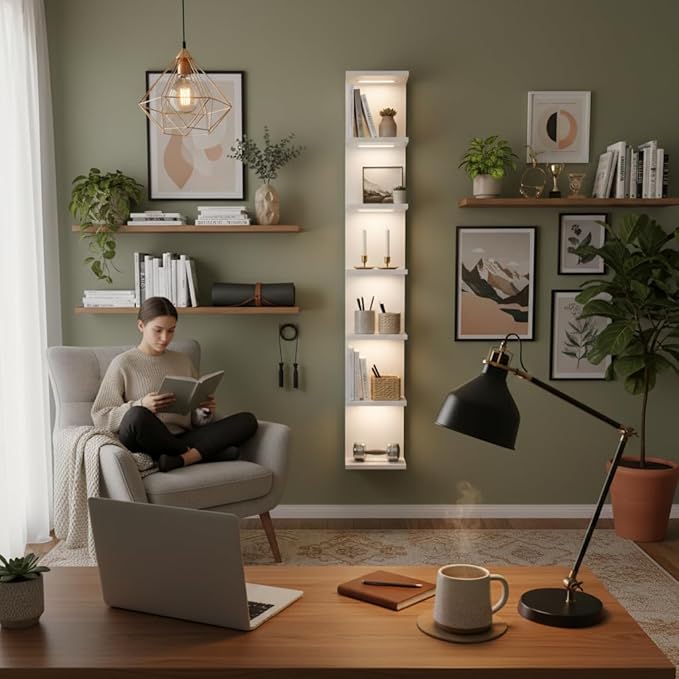7 Tier Wall Shelf with Lights, White Lack Wall Shelf, Display Floating Shelves with Remote Control for Home Decor Bedroom Vanity