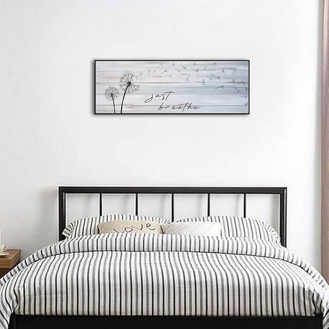 Modern Farmhouse Wall Decor Just Breathe Dandelion Canvas Art Prints Above Bed Bedroom Farmhouse Decor Vintage Bathroom Office(Black Wooden Frame) 43x15inch
