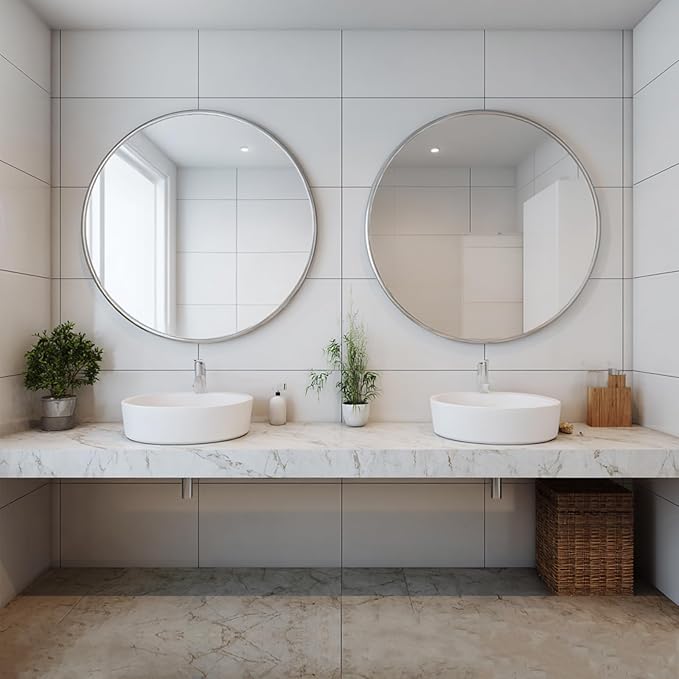 Silver Round Mirror 24 inch, 2 Pack Silver Circle Mirror, Round Bathroom Mirrors Metal Frame for Bathroom, Bedroom, Living Room, Hallway.