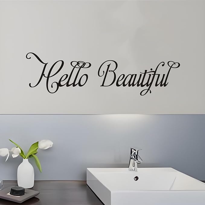 Inspirational Quotes Wall Decals for Bathroom: Mirror Women Beauty Makeup Positive Vinyl Art Wall Stickers - Bedroom Girls Room Spa Wall Decor - Hello Beautiful 35" X 9.8"