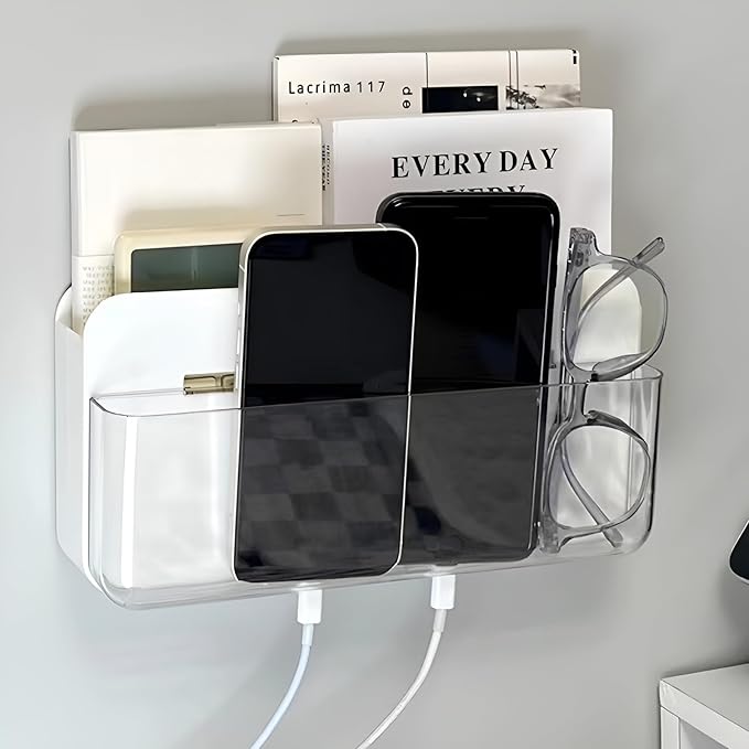 Adhesive Remote Control Holder Wall Mounted Phone Charging Holder Universal Controller Holder Wall Mount Storage Organizer Box No Drilling Home Office Desk (Bedside Shelf)