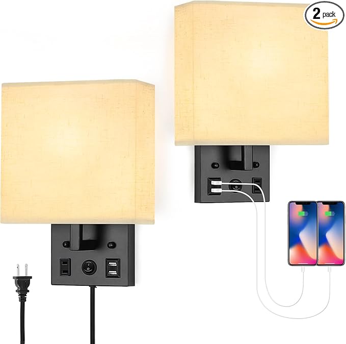 Black Wall Sconces Set of 2, Bedside Wall Lights for Bedroom, Plug in Wall Sconce with USB Ports and Outlets, Modern Wall Lamp for Mirror Kitchen Living Room Hallway, E26 Base (LED Bulbs Included)