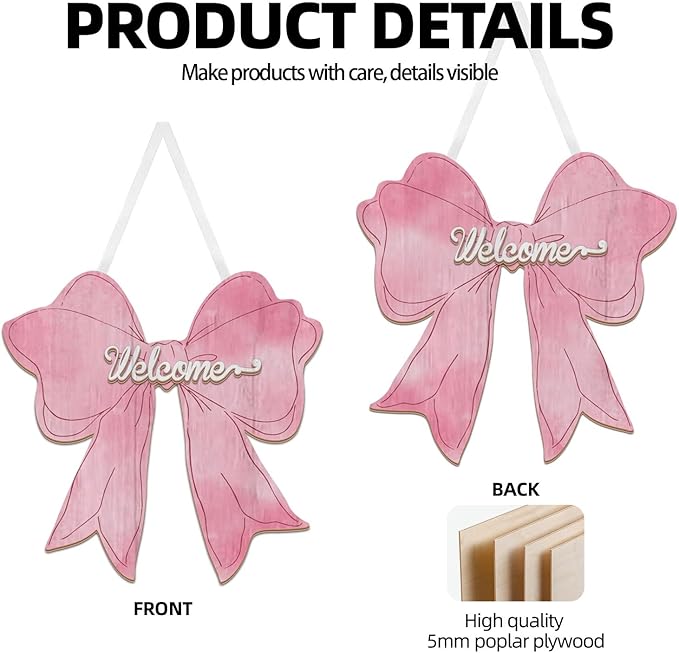 Pink Bow Decor Hanging Sign Cute Coquette Bow Decoration Double-sided Wooden Bowknot Welcome Door Sign for Preppy Room Wall Home Bedroom Fall Halloween Indoor Outdoor Porch