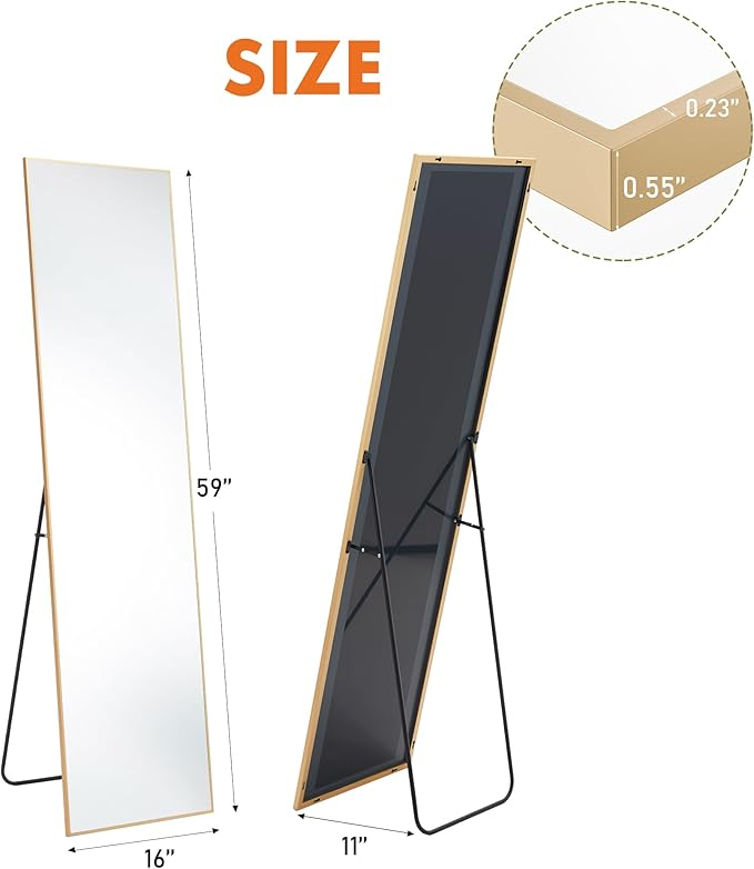 OLIXIS Full Length Gold Mirror 59.1"x16" for Bedroom, Full Body Mirror with Stand, Hanging or Leaning for Wall, Aluminum Alloy Thin Frame Floor Standing for Living Room, Long