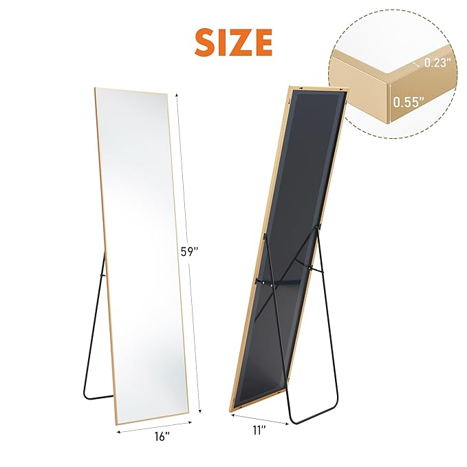 DUMOS Full Length Mirror 59"x17" Full Body Floor Mirror for Bedroom or Cloakroom, Can Stand Alone, Hang or Lean Against Wall, Tall Wall Mirror with Stand and Sleek Aluminum Alloy Thin Frame