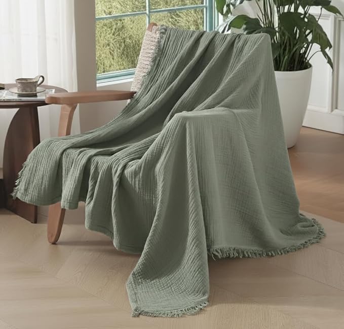 KyraHome 100% Organic Cotton Throw Blankets, 60"x80", Plant Dyed, Lightweight Warm, Gauze Soft Muslin Blankets for Adults, Picnic, Travel, All Season, Sage Green