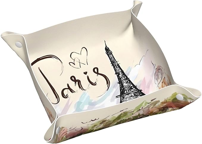 The Famous Paris Eiffel Tower Leather Vanity Tray Desktop Storage Organizer, Decorative Catchall Perfume Tray, Bathroom Valet Tray,Nightstand Caddy Holder for Keys Phone Wallet Coin Jewelry, S