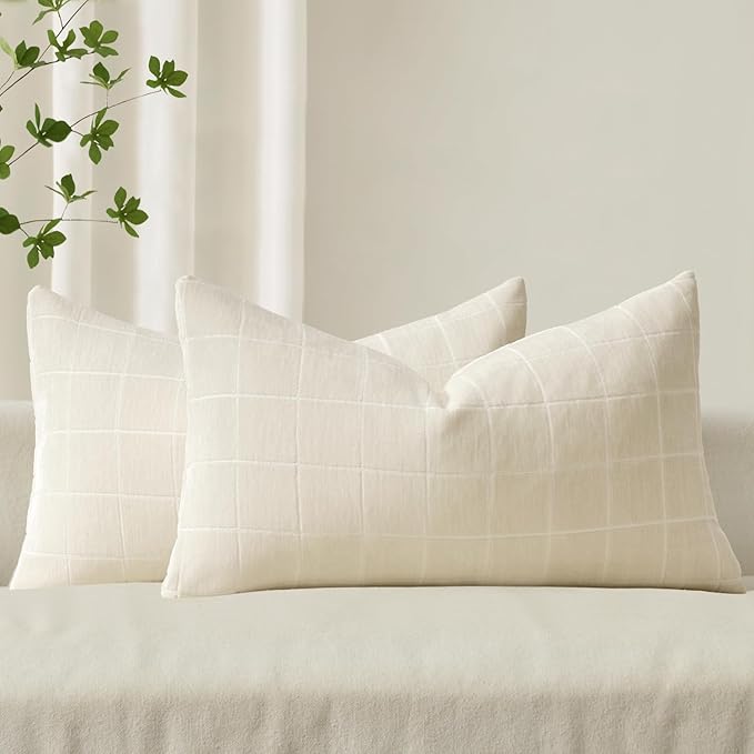 MIULEE Decorative Chenille Check Lumbar Throw Pillow Covers Vintage Plaid Couch Pillows 12x20 Inch Set of 2 Neutral Boho Farmhouse Cushion Covers Modern Spring Decor for Sofa Bed Living Room Cream