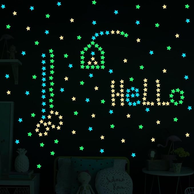 AM AMAONM Glow in The Dark Luminous Stars Fluorescent Noctilucent Plastic Moon Wall Stickers Murals Glowing Star Decals for Home Art Decor Ceiling Wall Decorate Kids Babys Bedroom Room 200pcs