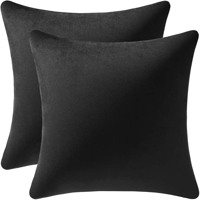 DEZENE Throw Pillow Covers 16x16 Black: Pack of 2 Cozy Soft Velvet Square Modern Luxury Decorative Throw Pillow Cases for Sofa Couch Living Room Bed Home Decor