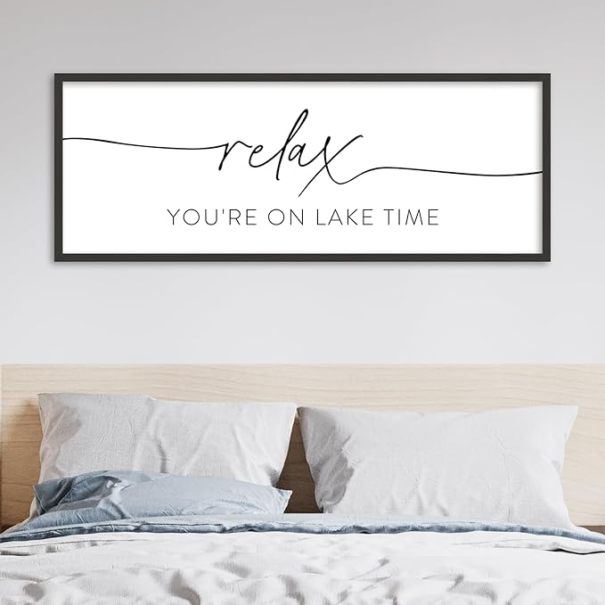 SRSZHIYUE Relax You're On Lake Time Wall Decor Above Bed Sign 40"×15" for Lake House Bedroom Over Bed Large Vintage Wood Framed Farmhouse Gift For Lake Lover Home Hanging Art (Black)