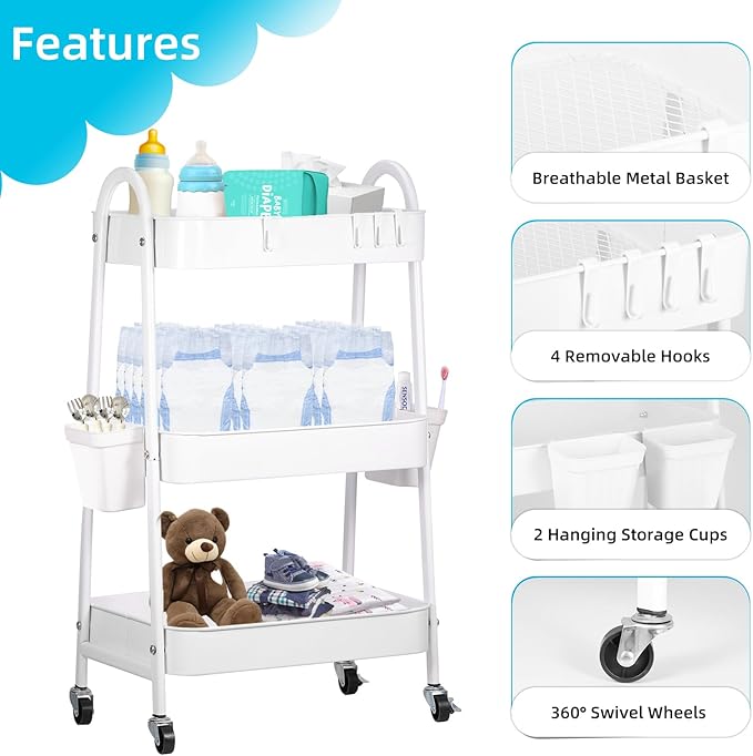 Baby Diaper Caddy Cart 3-Tier Metal Rolling Cart Nursery Storage Organizer for Baby Diapers and Newborn Essentials Storage
