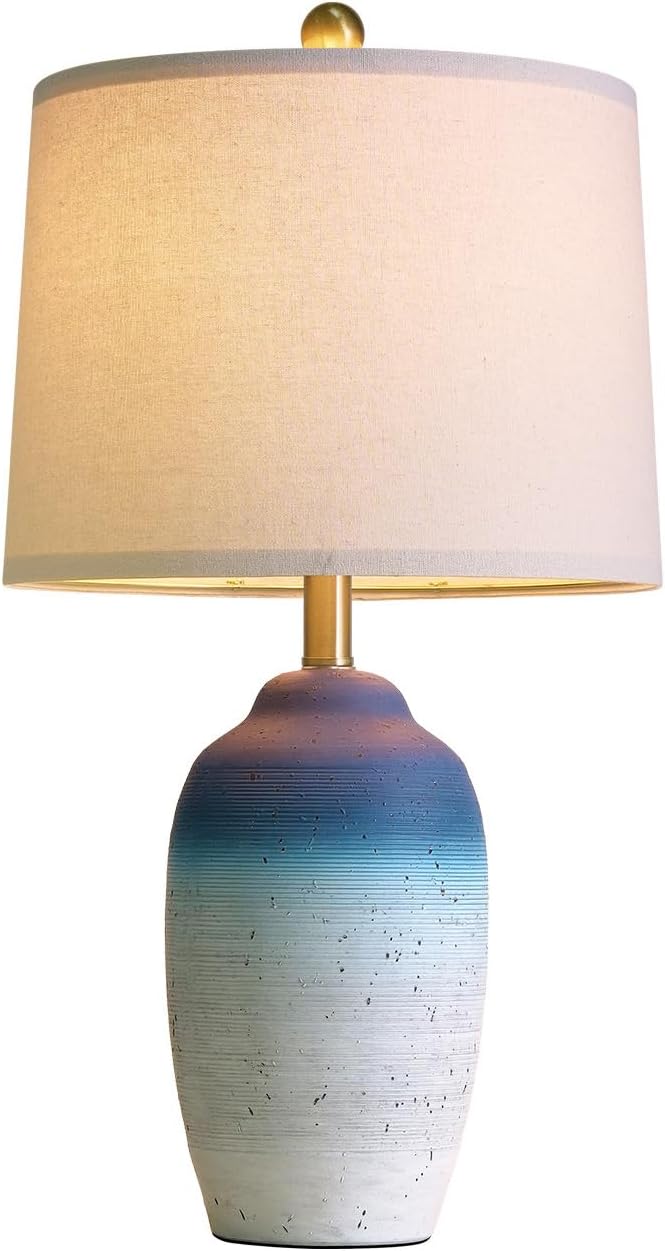 24.5" Vintage Ceramic Table Lamp with 5FT Cord - Single Farmhouse Rustic Bedside Lamp with Natural Textured Finish, Nightstand Lamps for Living Room, Bedroom, End Table, Office White and Blue