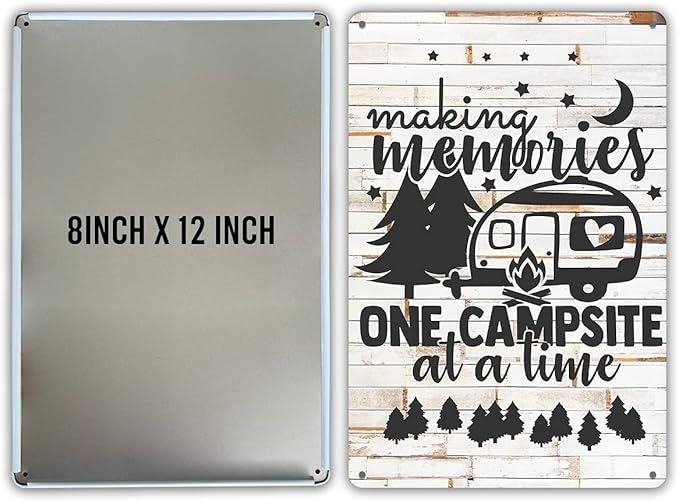 QIONGQI Funny Making Memories One Campsite at a Time Metal Tin Sign Wall Decor Farmhouse Rustic Camping Signs for Home Garage Men Cave Yard Decor Camper Gifts (Wooden Style)