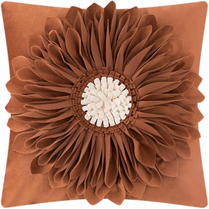 OiseauVoler 3D Sunflower Throw Pillow Cover Decorative Handmade Pillowcases for Couch Farmhouse Living Room Decoration 18x18 Inch Burnt Orange