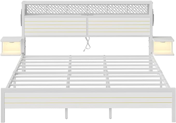 Bestier King Bed Frame with Horizontal Golden Stripe Storage Headboard&LED Nightstands, Metal Platform Bed with Charging Station, Heavy Duty Metal Slats, No Box Spring Needed, Noise Free(White)