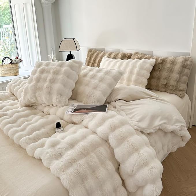 H&D Faux Fur Throw Blanket for Couch,Fluffy Cozy Soft Plush Luxury Thick Fuzzy Fleece Blanket for Couch Bed Sofa Bedroom Living Room,Comfy Bubble Blanket(Ivory, Twin (60"x80"))