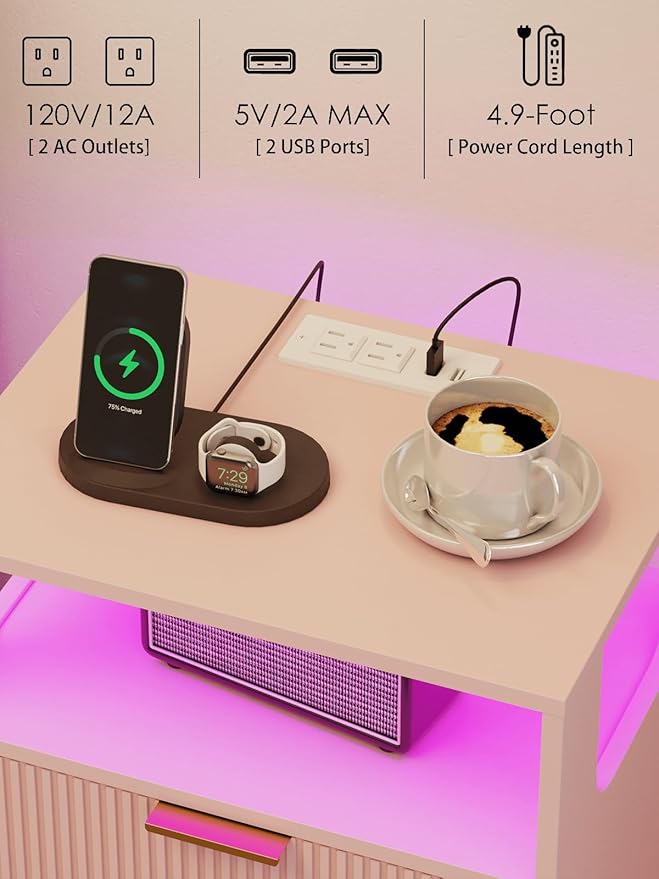 Nightstand, Modern Bedside Table with 2 Storage Drawer and Open Wood Shelf for Bedroom and Small Spaces, Night Stand with Solid Wood Legs (Pink-Outlet)