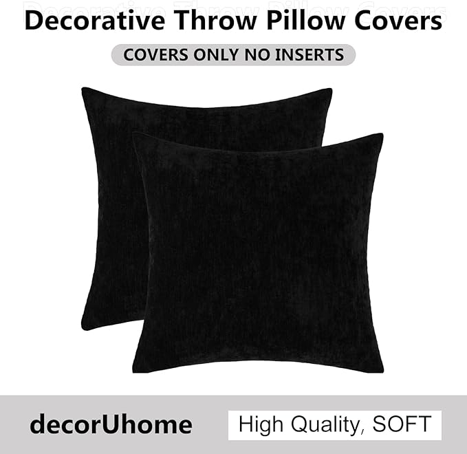 decorUhome Chenille Black Throw Pillow Covers 22x22 Inch Set of 2, Decorative Soft Couch Pillow Covers Solid Dyed Accent Farmhouse Neutral Square Pillow Cases for Sofa
