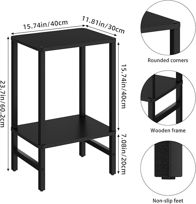 Side Table End Table Tall Night Stand 2-Tier 2 Pack for Living Room Bedroom Bathroom Office Furniture Black