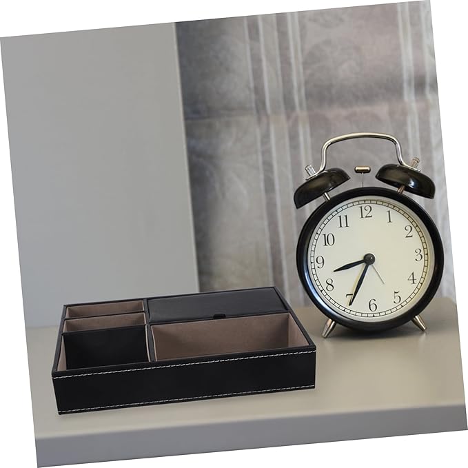 Beaupretty Faux Leather Nightstand Organizer Tray for Jewelry and Watches Multi Compartment Storage Box for Rings Necklaces Phone Wallet Bedside Dresser Black Bedside Table Organizer for Men