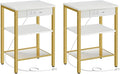 HOOBRO Side Tables Set of 2 with Charging Station and USB Port, Small End Tables for Small Space, 3-Tier Nightstands with Adjustable Shelf, for Living Room, Bedroom, White and Gold DW112BZP201G1
