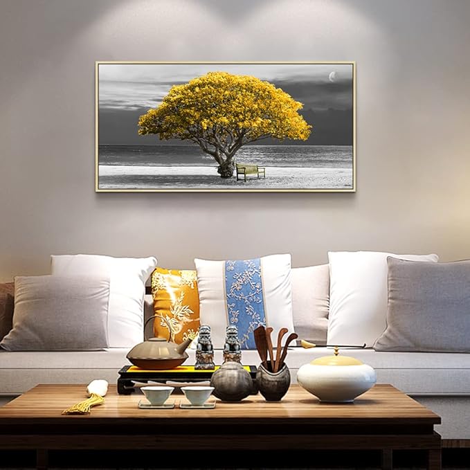 Framed Canvas Wall Art For Living Room Large Wall Decor For Bedroom Black And White Wall Painting Office Decoration Boho Home Decor Yellow Trees Scenery Pictures Artwork Natural Wood Framed